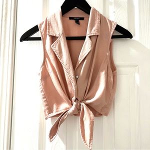 Soft Pastel Pink Linen Collared Tie Waist Cropped Blouse